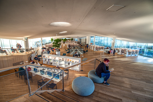 August 4, 2019 - Helsinki, Finland: People are at contemporary national library of helsinki finland