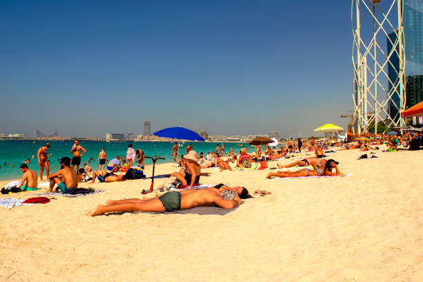 Dubai / UAE - November 7 ,2019: Famous public JBR beach with many people. Urban beach in Dubai