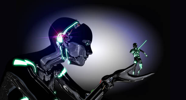 istock Giant Cyborg versus Little Warrior 1192333474