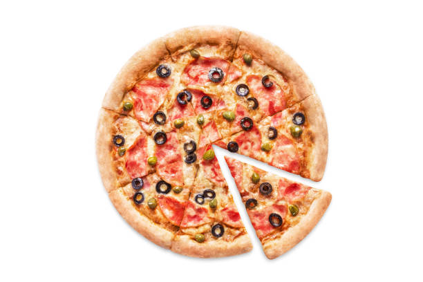 istock Delicious pizza with ham and mushrooms on white 1192335992