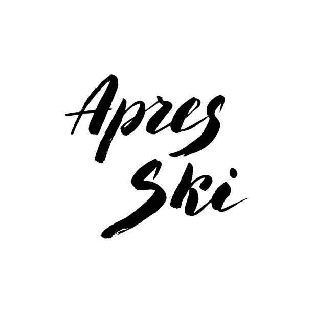 ilustraciones, imágenes clip art, dibujos animados e iconos de stock de logotipo tipográfico de esquí apres aislado sobre fondo blanco. fuente de letras de pincel de moda. logotipo de apres ski leisure para folleto, folleto, menú, publicidad. vector eps 10. - snowboard apres ski snow nobody