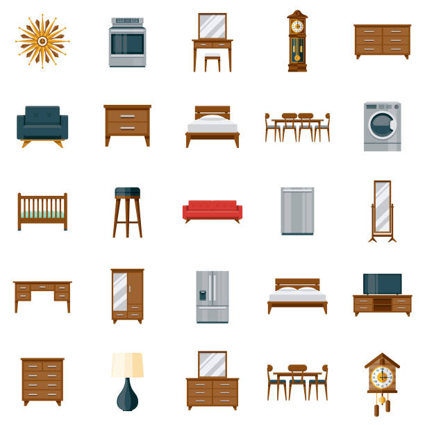 Furniture Icon Set A set of icons. File is built in the CMYK color space for optimal printing. Color swatches are global so it’s easy to edit and change the colors. bed furniture designs stock illustrations