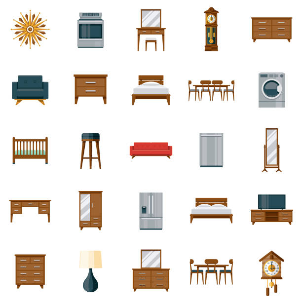 Furniture Icon Set A set of icons. File is built in the CMYK color space for optimal printing. Color swatches are global so it’s easy to edit and change the colors. bed frame stock illustrations