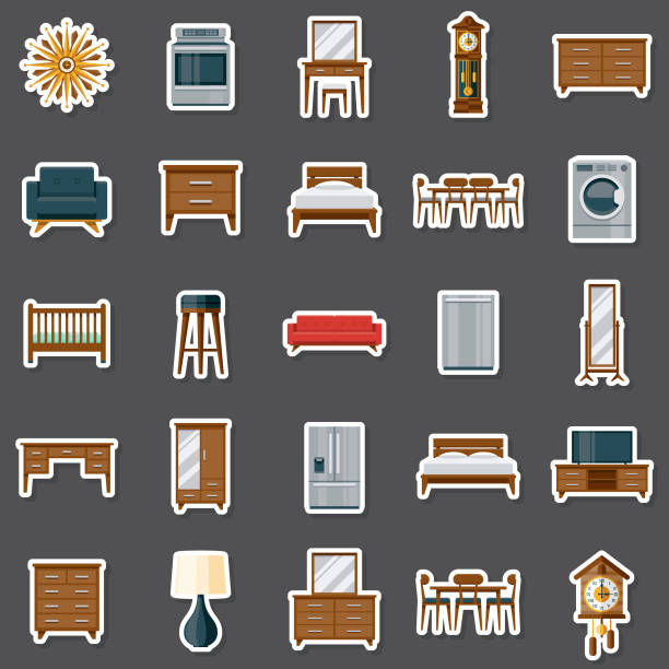 Furniture Sticker Set A set of icons. File is built in the CMYK color space for optimal printing. Color swatches are global so it’s easy to edit and change the colors. bed frame stock illustrations
