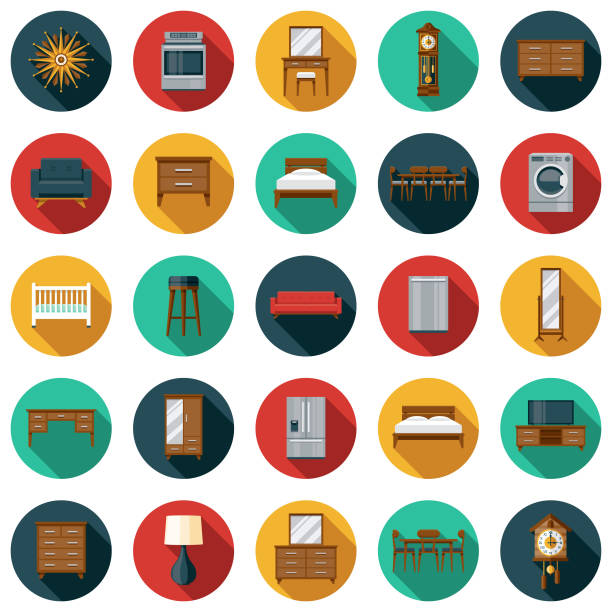 Furniture Icon Set A set of icons. File is built in the CMYK color space for optimal printing. Color swatches are global so it’s easy to edit and change the colors. bed frame stock illustrations