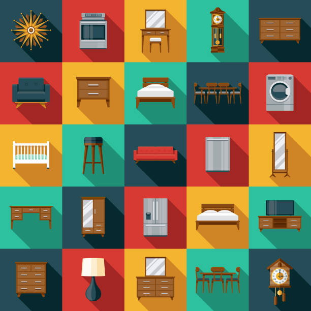 Furniture Icon Set A set of icons. File is built in the CMYK color space for optimal printing. Color swatches are global so it’s easy to edit and change the colors. bed frame stock illustrations