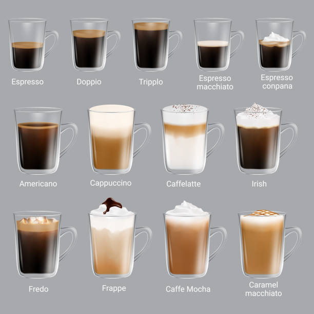 Coffee types set, vector realistic isolated illustration Coffee types set, vector isolated illustration. Espresso types, doppio, trippio, cappuccino, frappe, americano, caramel macchiato, other coffee drinks with names for restaurant, cafe menu etc. café glacé stock illustrations