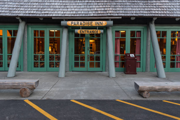 Entry to Paradise Inn in Mount Rainier Mount Rainier National Park, United States: July 28, 2017: Entry to Paradise Inn in Mount Rainier country inn stock pictures, royalty-free photos & images