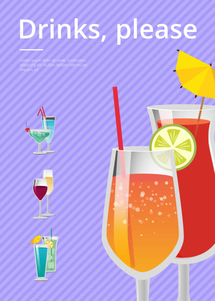 illustrazioni stock, clip art, cartoni animati e icone di tendenza di drink si prega di poster con lemonade cocktail glass - umbrella two objects cocktail drink