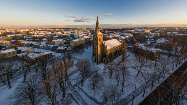 Riga St. Paul Evangelical Lutheran Church at sunrise, photographed from a drone
