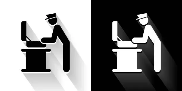 Vector illustration of Baggage Check  Black and White Icon with Long Shadow