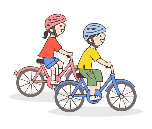 ilustraciones, imágenes clip art, dibujos animados e iconos de stock de niño y niña montando en bicicleta - cobertizo para bicicletas