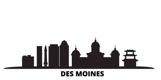 United States, Des Moines city skyline isolated vector illustration. United States, Des Moines travel black cityscape United States, Des Moines city skyline isolated vector illustration. United States, Des Moines travel cityscape with landmarks des moines silhouette stock illustrations