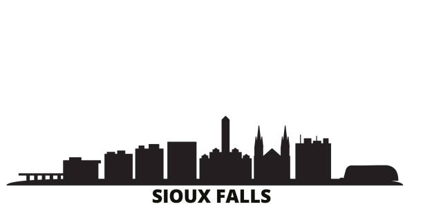 ilustraciones, imágenes clip art, dibujos animados e iconos de stock de estados unidos, la ciudad de sioux falls skyline ilustración vectorial aislada. estados unidos, sioux falls viaja paisaje negro - south dakota