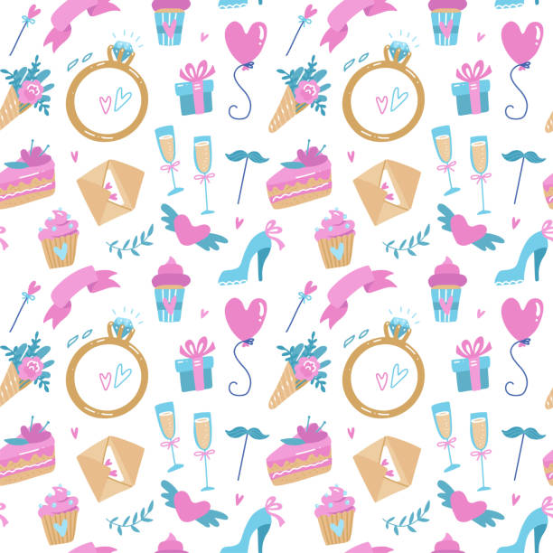 Seamless romantic pattern. Set for wedding design elements. Save the date concept includes cake, ribbon, flower, heart. Flat cartoon doodle illustration Seamless romantic pattern. Set for wedding design elements. Save the date concept includes cake, ribbon, flower, heart. Flat cartoon doodle illustration. wedding decoration for church background stock illustrations