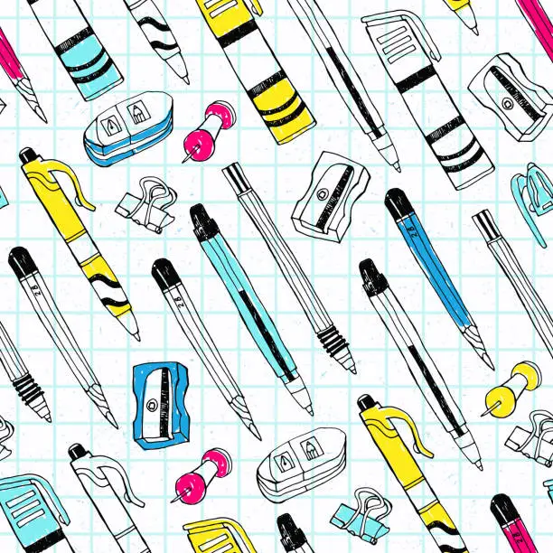 Vector illustration of Stationery seamless pattern with pen, pencil, sharpener, marker, rubber.