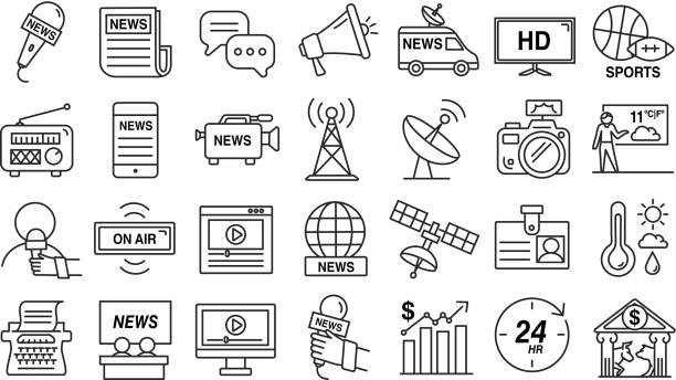 Set of News and media icons in thin line style Vector illustration of a Set of News and media icons in thin line style. Includes 
news microphone, newspaper, speech bubbles, megaphone, news truck, hd tv, sports balls, radio, online news, news camera, radio tower, satellite dish, camera, weather person, interview, on air sign, online browser window with video, wire globe, satellite dish, press pass, temperature and weather, typewriter, news desk, computer monitor with news video, microphone and hand, stock market bar chart, 24 hour clock, wall street or stock market exchange bull and bear icon. Black and white set in EPS 10 format. interview event clipart stock illustrations