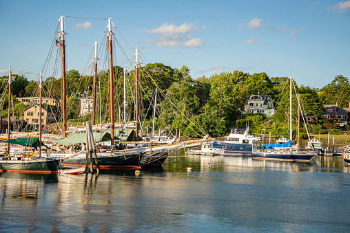 View with boats of the Coastal town of Belfast in Maine, USA