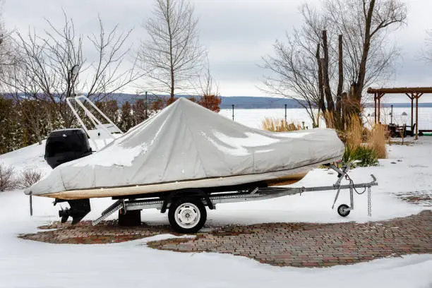 Photo of Inflatable luxury fishing motorboat wrapped in cover standing over trailer for winter period seasonal storage at backyard. Shrink-wrapped vessel winterized on parking