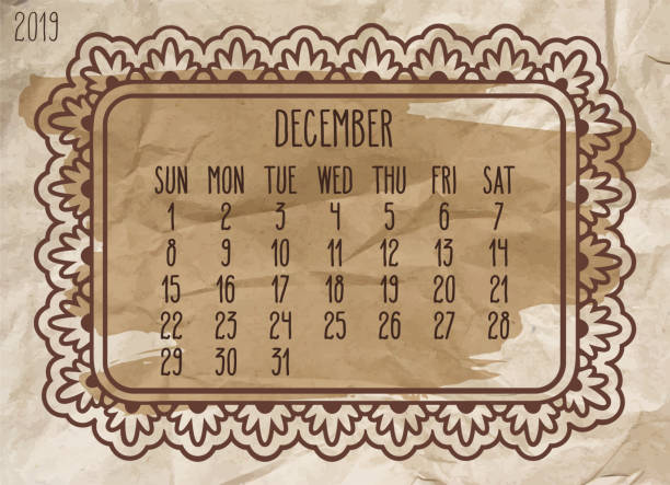 ilustrações, clipart, desenhos animados e ícones de calendário mensal vintage do ano de dezembro de 2019 - personal organizer calendar concepts crumpled