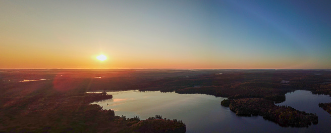 Panoramic photo taken by drone, Aerial lake at sunrise, Ontario