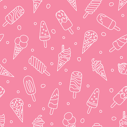 Ice cream, eskimo, waffle cone. Seamless pattern in doodle and cartoon style on pink background. Vector illustration