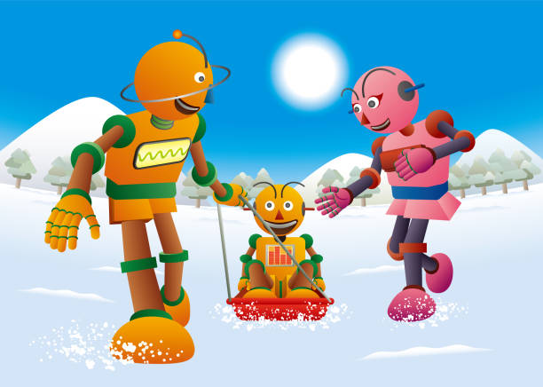 ilustraciones, imágenes clip art, dibujos animados e iconos de stock de familia robot jugando trineo en el campo nevado - robot manga style cute characters