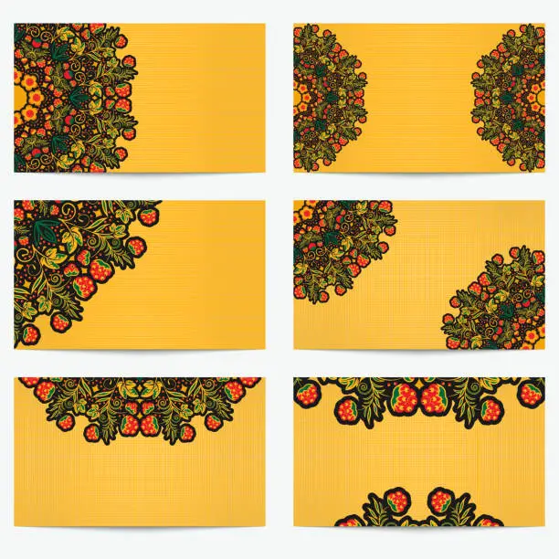 Vector illustration of Set of horizontal business cards with flowers and berries. Bright vintage pattern style Khokhloma for artistic and creative companies in the field of beauty and fashion.