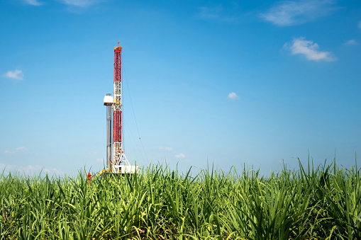Drilling rig in oil field industrial is operating in rural location, there are sugar cane agriculture farm as foreground and clearly blue sky environment. Heavy industry operation photo.