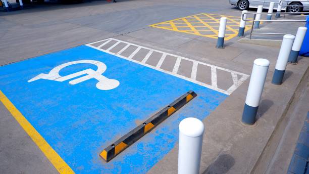 disabled wheelchair sign on ground in parking area Disabled wheelchair and no parking sign with wheel stopper and metal pole on concrete ground in parking area at gas and petrol station no parking sign photos stock pictures, royalty-free photos & images
