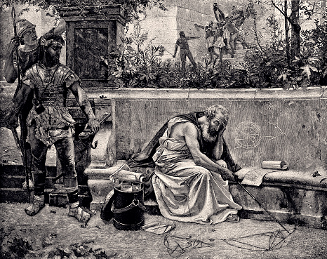 Archimedes died c. 212 BC during the Second Punic War, when Roman forces under General Marcus Claudius Marcellus captured the city of Syracuse after a two-year-long siege.Vintage etching circa late 19th century