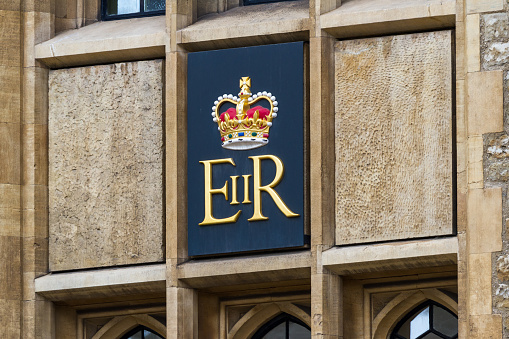 London  - September 05 2019: Close up of the Royal Cypher of Queen Elizabeth II, London September 05,  2019