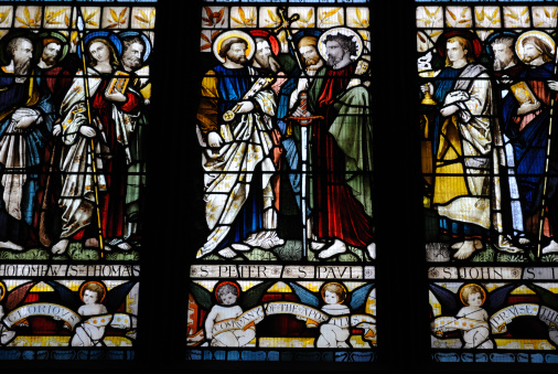 Stained glass dating from the 19th century depicting Christian Saints in St. Patrick's Cathedral in Dublin, Ireland.