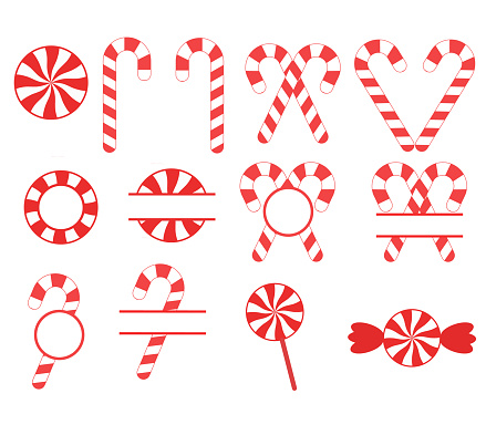 christmas candy cane on white background. set of red sweetmeats. candy cane sign. candy cane and lollipop symbol.
