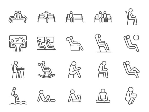 ilustraciones, imágenes clip art, dibujos animados e iconos de stock de conjunto de iconos de espera. incluye iconos como asiento, asiento, silla, sillón, banco y más. - asiento