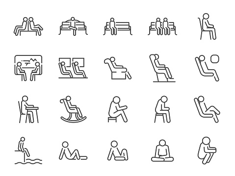 Wait icon set. Included icons as seat, sit, chair, armchair, bench and more.