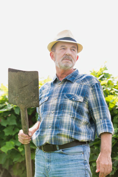 istock Senior farmer standing while holding shovel in field 1192435864