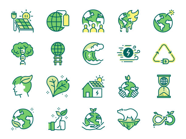 kumpulan ikon ekologi. termasuk ikon sebagai produk eko, energi bersih, daya terbarukan, daur ulang, dapat digunakan kembali, menjadi hijau dan banyak lagi. - perubahan iklim ilustrasi stok