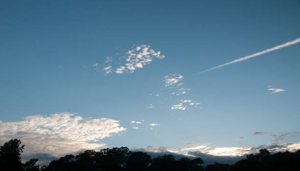Nephology at its best. Mixed cloud type image. White Altostratus, Nimbocumulus and Vapout trail cloud in blue sky. Atmospheric beauty in nature. New South Wales, Australia.