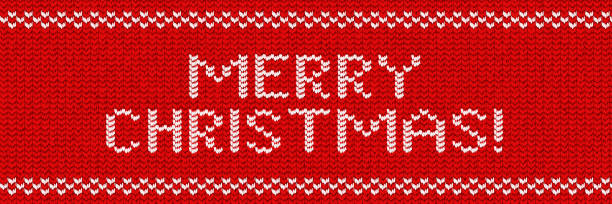 ilustrações de stock, clip art, desenhos animados e ícones de vector realistic isolated knitted typography logo of merry christmas for template decoration and invitation covering on the red sweater background. concept of ugly sweater party and happy new year. - embroidery seam shirt sewing