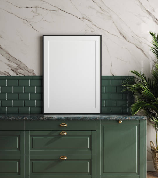 Mockup frame in dark green kitchen with marble wall, 3d render