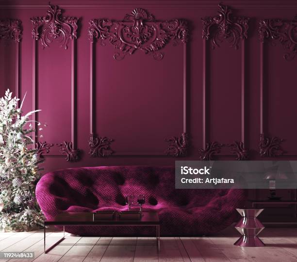 Cozy Christmas Home Interior With Xmas Tree And Sofa Classic Style Purple Color Interior Stock Photo - Download Image Now