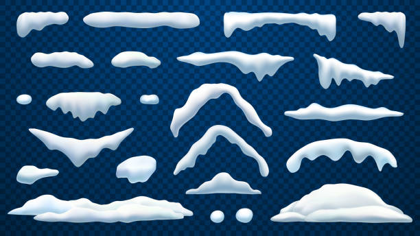 illustrazioni stock, clip art, cartoni animati e icone di tendenza di tappi da neve, palle di neve e ghiaccioli congelati del tetto della casa, icone vettoriali realistiche isolate su sfondo trasparente. tappi da neve invernali astratti e ghiaccioli da gelo per il design di natale e capodanno - icicle hanging snow moving down