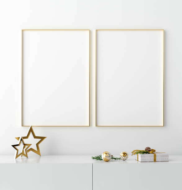 istock Mockup golden frame with Christmas decor on cupboard close up 1192449338