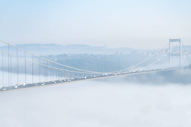 Fogy air over the sea great istanbul Bosphorus Bridge stock photo
