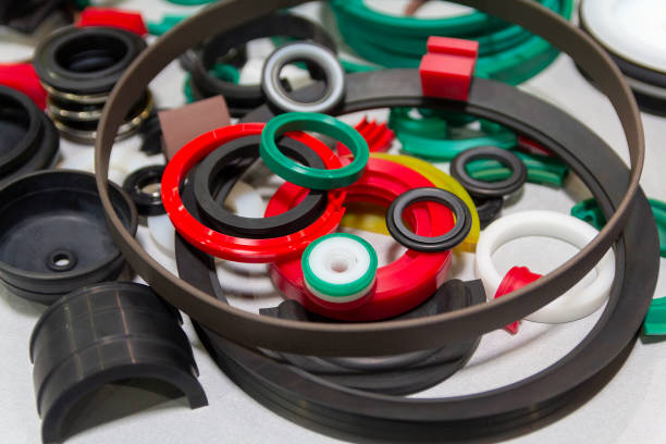 Various rubber products and sealing products at the exhibition stand. Industry stock photo