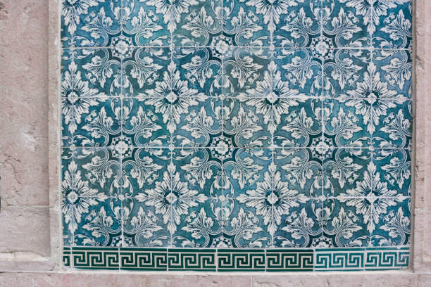 istock Ornate brightly colored portugese tile texture in blue green and white 1192456477