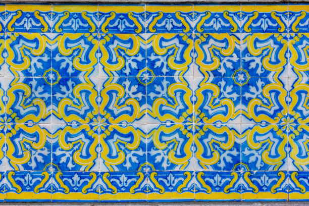 istock Ornate brightly colored portugese tile texture in blue and yellow 1192456636