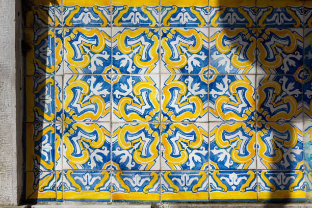istock Ornate brightly colored portugese tile texture in blue and yellow 1192456637