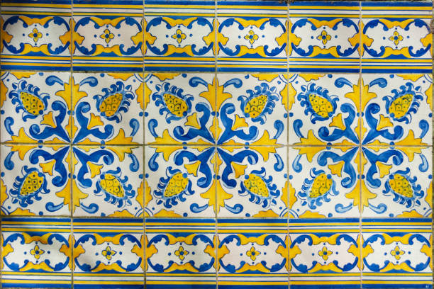 istock Ornate brightly colored portugese tile texture in blue and yellow 1192456707
